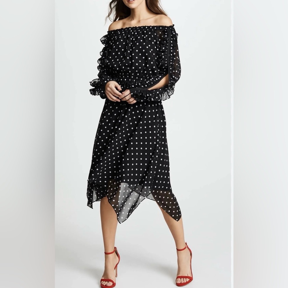 Club Monaco Black Polka Dot Off-Shoulder Asymmetrical Dress